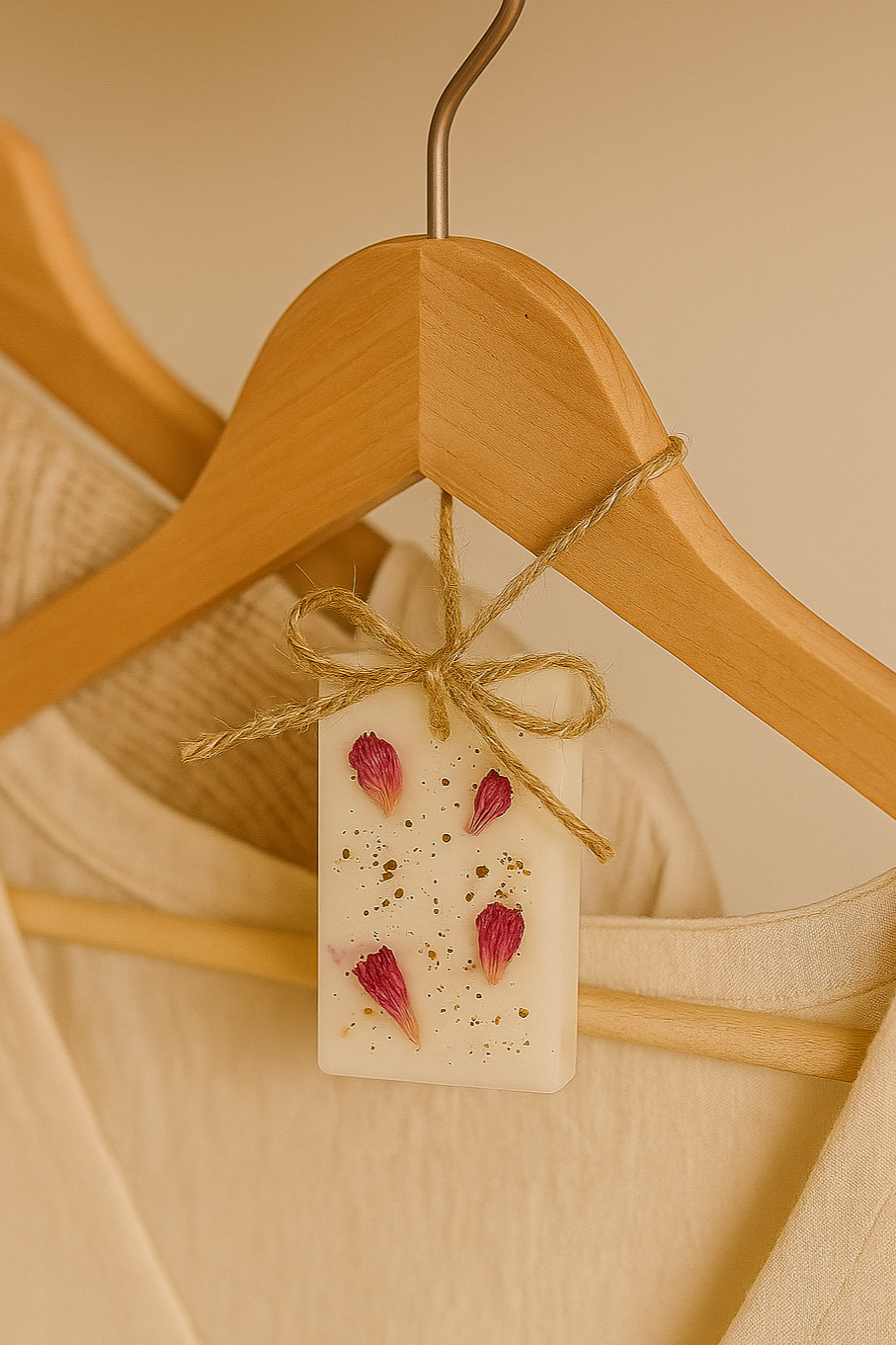 Hanger with a decorative tag featuring red flowers and text 'Wardrobe & Fabric' on a beige background.