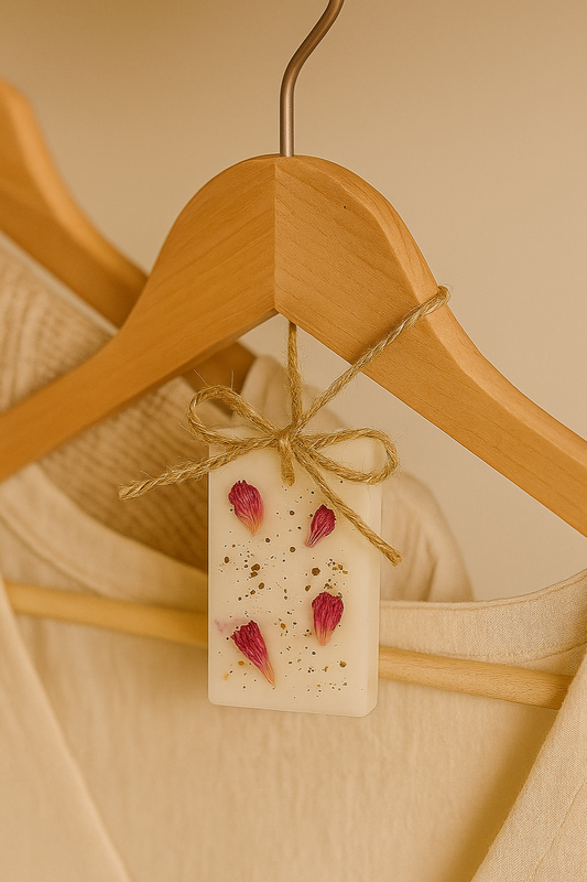 Hanger with a decorative tag featuring red flowers and text 'Wardrobe & Fabric' on a beige background.